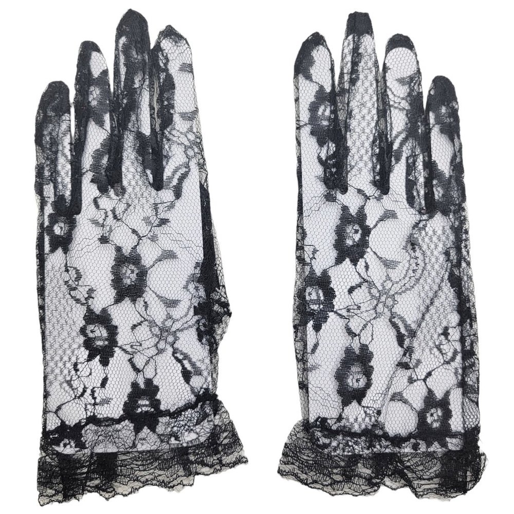 Black Lace Wrist Length Gloves with Ruffle Trim
